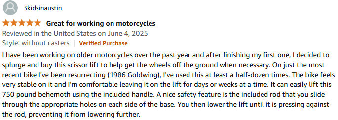 VEVOR motorcycle lift user experience