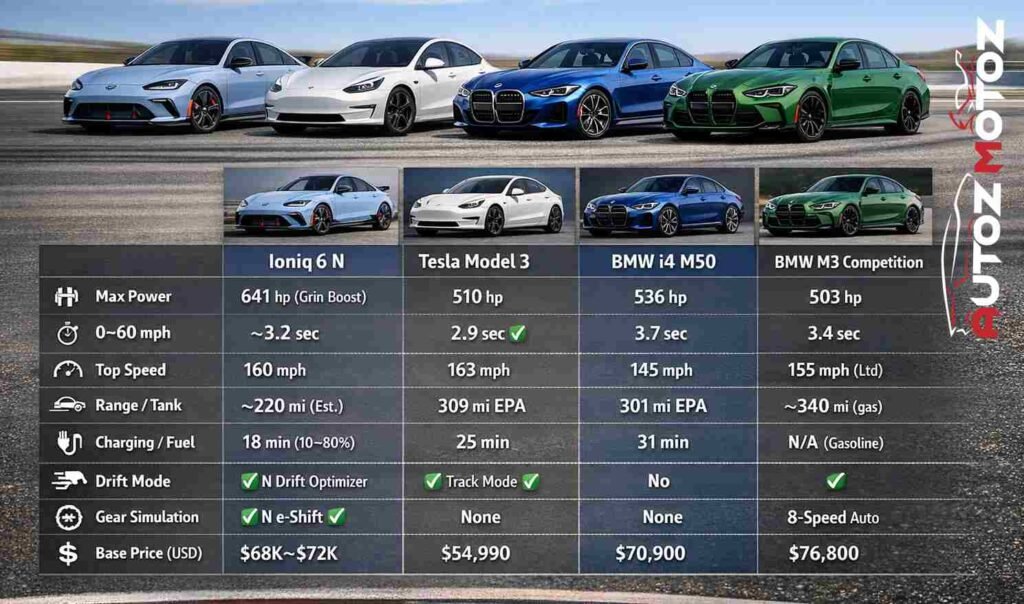 differentiate : Hyundai Ioniq 6 N vs. Tesla Model 3 vs. BMW i4 M50 vs. BMW M3